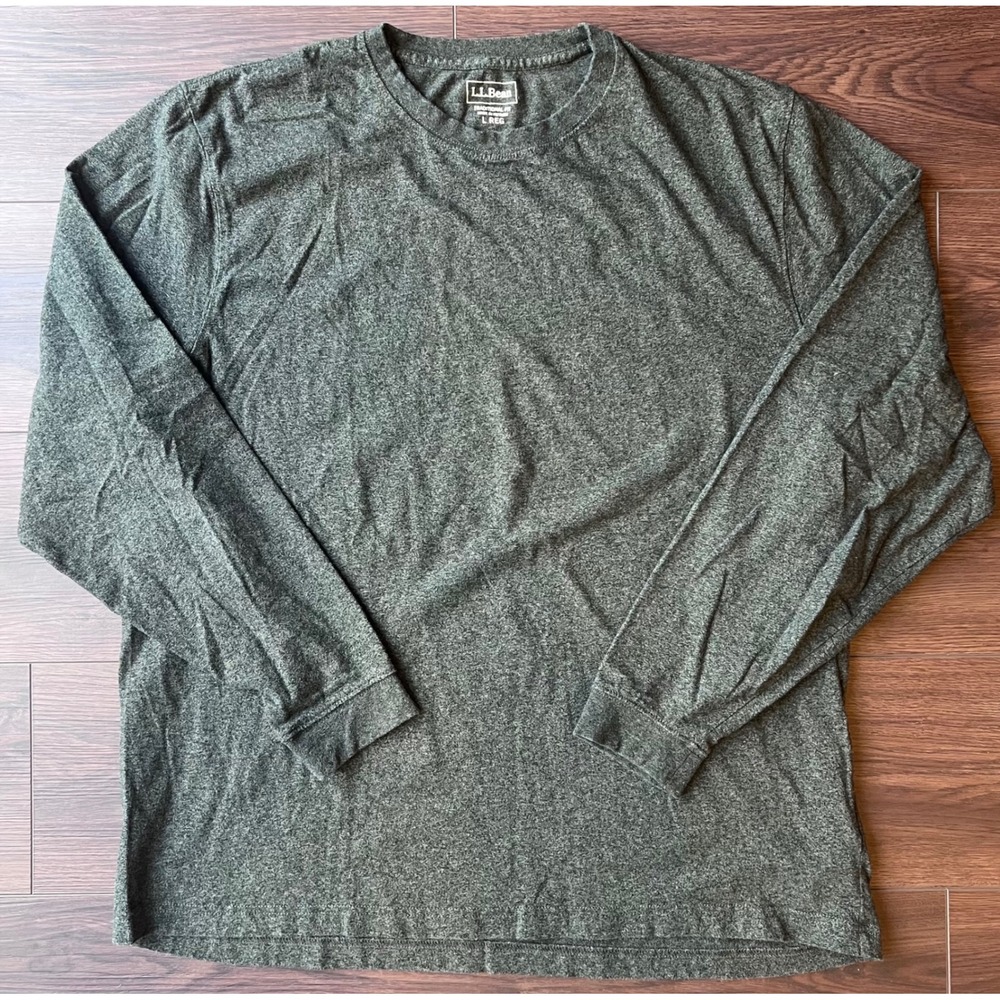 LL Bean Mens Long Sleeve T-Shirt Traditional Fit Green Heather 224603 L REG